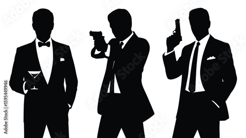 Silhouettes of Gunmen in Tuxedos – Elegant Secret Agent Style Men with Bow Ties – Bond-Themed Vector Illustration on White for Action or Spy Concepts


