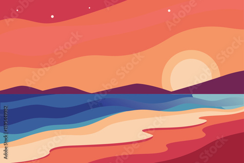 Soft waves and warm skies on evening shore