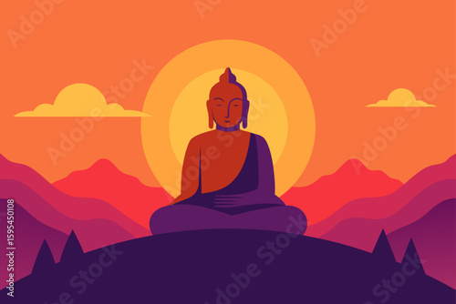 Sunset Behind Large Buddha Statue In Hills
