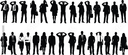 Silhouettes of business professionals, standing poses, corporate attire, teamwork concept, office employees, diverse group, white background, vector illustration