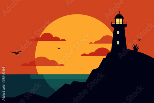 Sunset over lighthouse cliff and seagulls