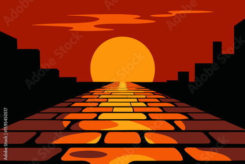 Sunset Reflecting On Wet Cobblestone Streets