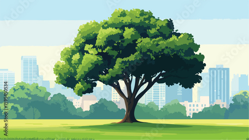 Serene Nature Park Landscape with Majestic Large Tree in Urban Setting