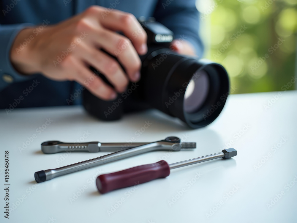 Naklejka premium Réglage précis de l’appareil photo avant une séance photo, outils de réparation en évidence 
