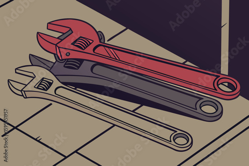  close-up, stack of colorful adjustable wrenches, dark moody lighting, minimalist, high contrast, cinematic, detailed