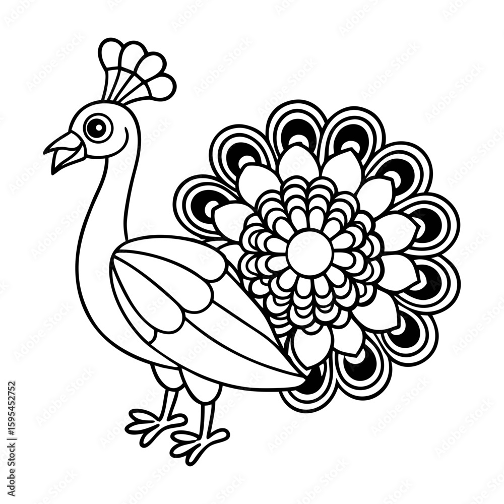 Fototapeta premium Draw a Black and White Outline of a Peacock Walking Gracefully Coloring Page