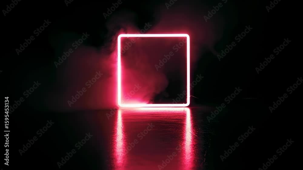 Red glowing neon square on reflective surface with smoke. Geometric light shape with mist in dark room environment footage.