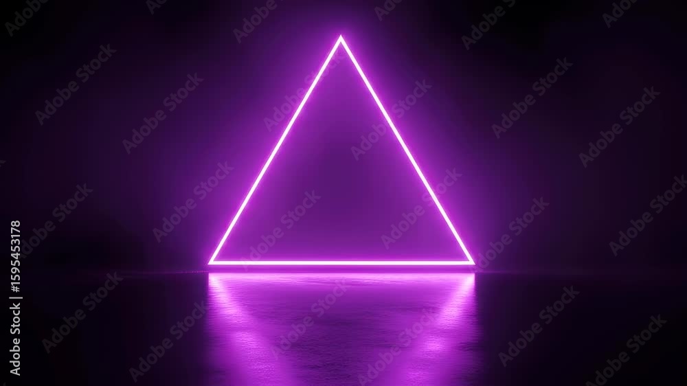 Neon glow triangle on dark reflective surface. Geometric pattern light effect for abstract design and digital visual. Animation footage.