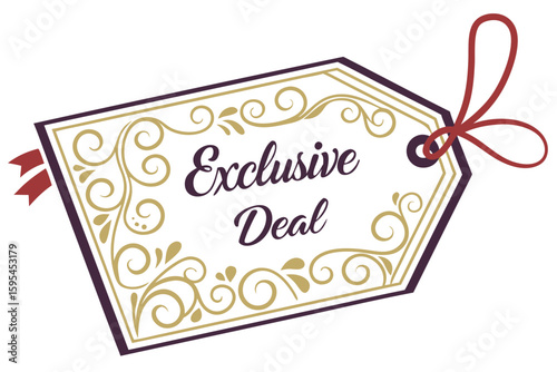 Elegant Luxury Sale Tag Vector with Gold Border, Red Ribbon, and 'Exclusive Deal' Text on White Background