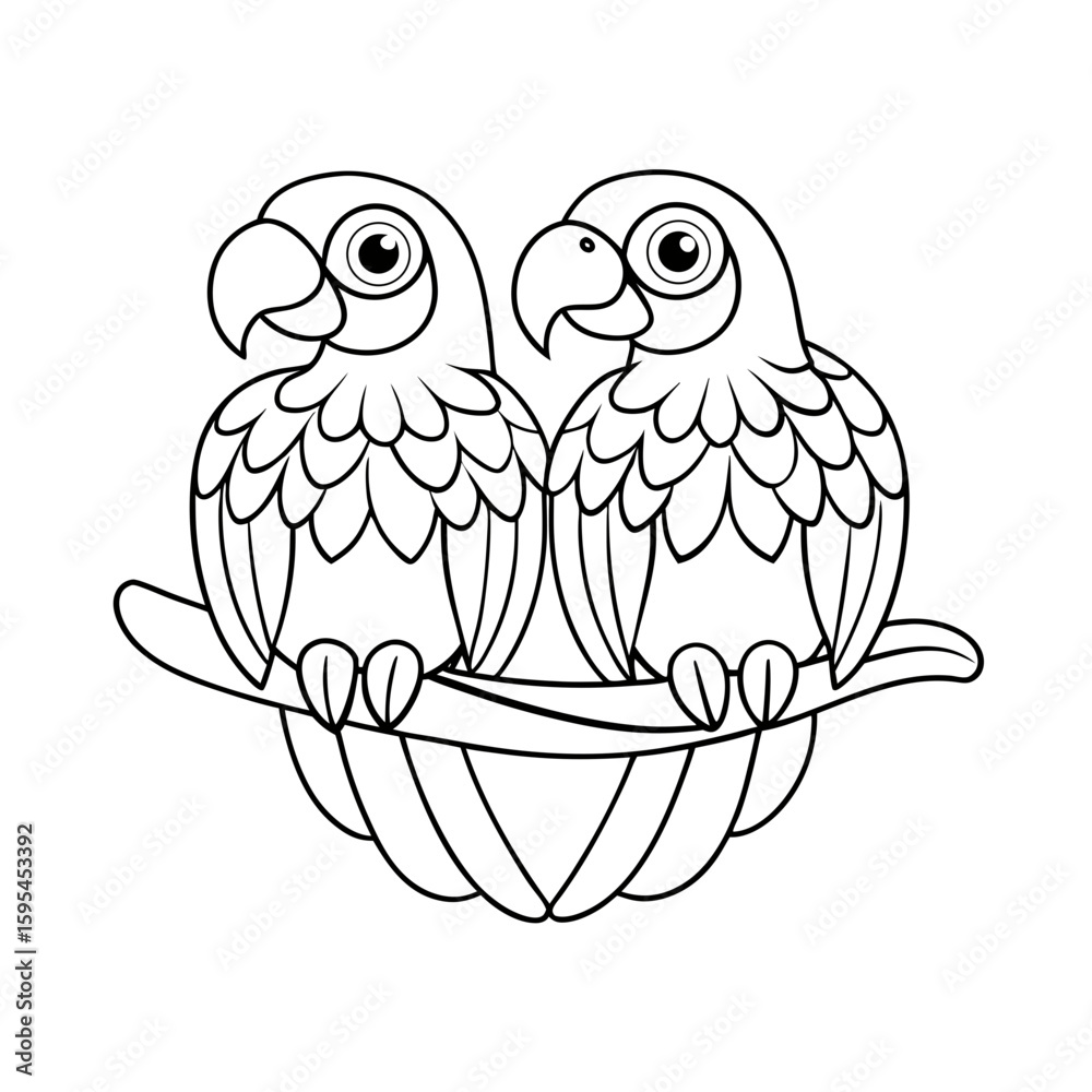 Naklejka premium Draw a Pair of Macaws Perched on a Branch with Their Feathers Spread Coloring Page