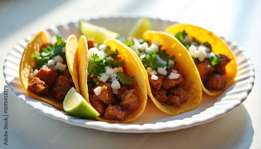 Three vibrant tacos sit on white plate, garnished with fresh cilantro, diced onion, lime wedges. Appetizing Mexican dish offers colorful culinary presentation, perfect for food blogs, street food Three vibrant tacos sit on white plate, garnished with fresh cilantro, diced onion, lime wedges. Appetizing Mexican dish offers colorful culinary presentation, perfect for food blogs, street food