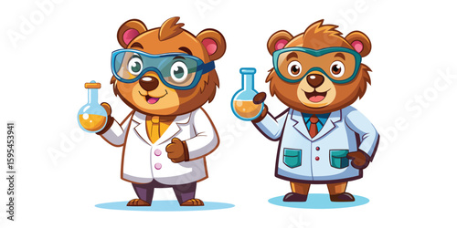 Cute Scientist Bear Wearing Lab Goggles Holding Bubbling Beaker Vector Illustration for Science, Chemistry, Education, Research, and Laboratory-Themed Designs