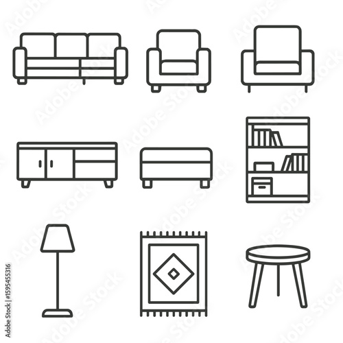 Living Room Icons. Line style icons of Living Room Furniture: sectional sofa, armchair, coffee table, TV stand, ottoman, bookshelf
