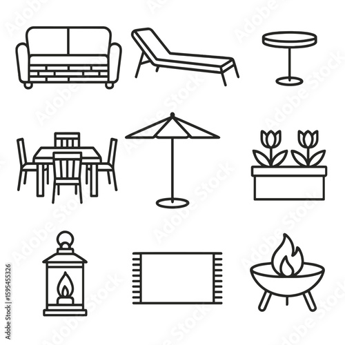 Patio Furniture Icons. Line style icons of Outdoor Patio Furniture: wicker sofa, chaise lounge, side table, dining set, umbrella,