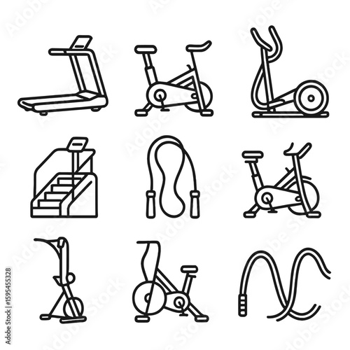 Cardio Equipment Icons. Line style icons of Cardio Machines: treadmill, stationary bike, rowing machine, elliptical, stair climber