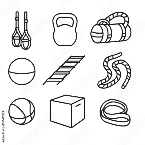 Functional Training Gear Icons. Line style icons of Functional Training Gear: TRX straps, kettlebell, sandbag, battle rope, slam
