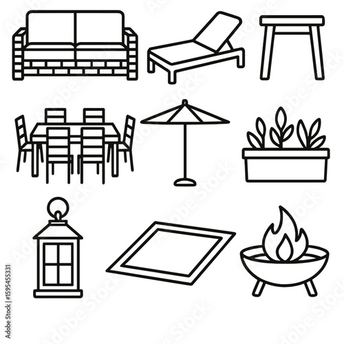 Patio Furniture Icons. Line style icons of Outdoor Patio Furniture: wicker sofa, chaise lounge, side table, dining set, umbrella,