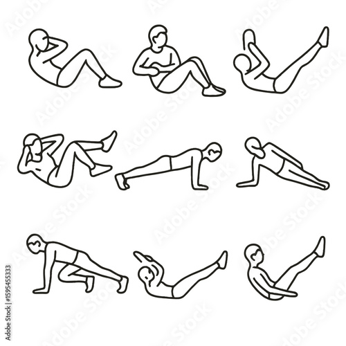 Core Training Icons. Line style icons of Core Training Moves: crunch, Russian twist, leg raise, bicycle crunch, plank, side plank,