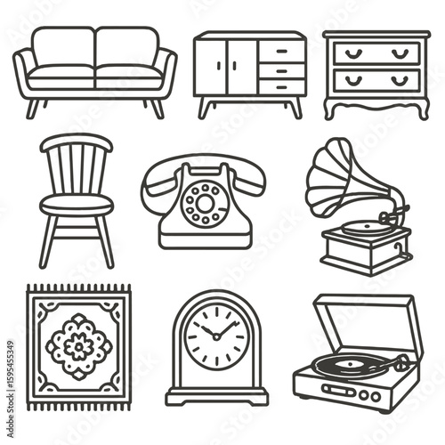 Vintage Furniture Icons. Line style icons of Vintage & Retro Pieces: mid-century sofa, retro credenza, antique dresser, spindle