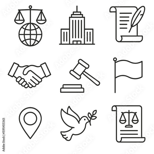 International Law Icons. Line style icons of International Law Elements: globe scales, UN building, treaty scroll, diplomat