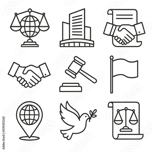 International Law Icons. Line style icons of International Law Elements: globe scales, UN building, treaty scroll, diplomat