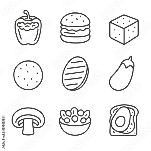 Vegetarian Dish Icons. Line style icons of Vegetarian Dish Selection: stuffed pepper, veggie burger, tofu cube, falafel ball,