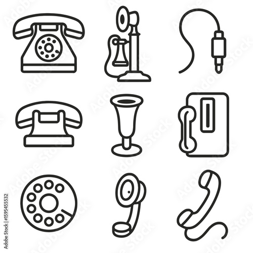 Vintage Phone Icons. Line style icons of Vintage Telephones: rotary phone, candlestick phone, switchboard plug, handset cradle,