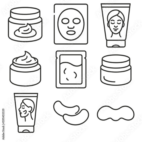 Facial Mask Icons. Line style icons of Facial Masks Variety: clay mask jar, sheet mask pack, peel-off mask tube, charcoal mask pot