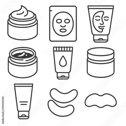 Facial Mask Icons. Line style icons of Facial Masks Variety: clay mask jar, sheet mask pack, peel-off mask tube, charcoal mask pot