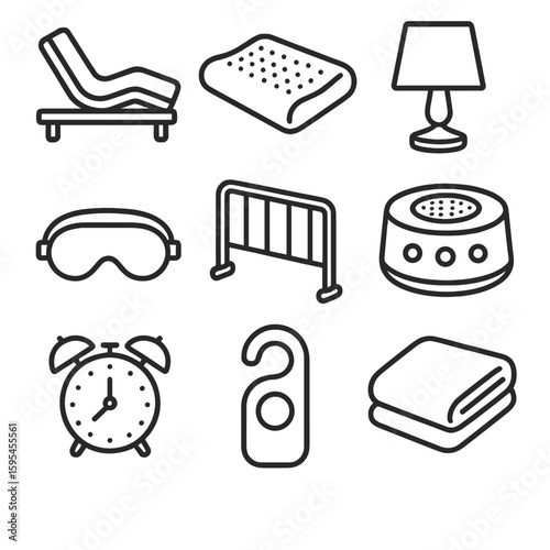 Sleep and Rest Icons. Line style icons of Sleep & Rest: adjustable bed frame, pressure-relief pillow, nightlight lamp, sleep mask,