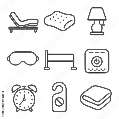 Sleep and Rest Icons. Line style icons of Sleep & Rest: adjustable bed frame, pressure-relief pillow, nightlight lamp, sleep mask,