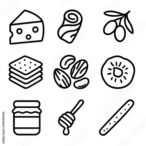Snack Board Icons. Line style icons of Snack Board Spread: cheese wedge, cured meat slice, olive cluster, cracker stack, nut mix,