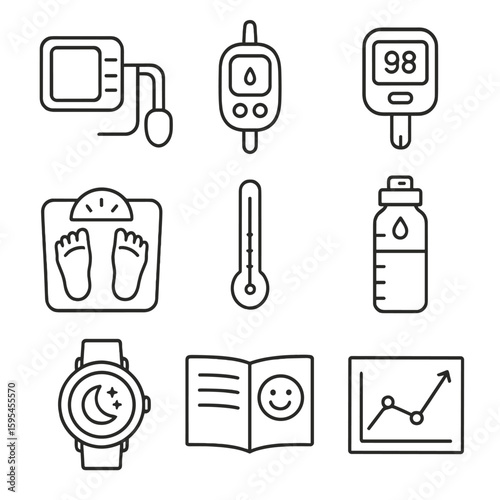 Wellness Monitoring Icons. Line style icons of Wellness Monitoring: blood pressure monitor, glucose meter, pulse oximeter, weight