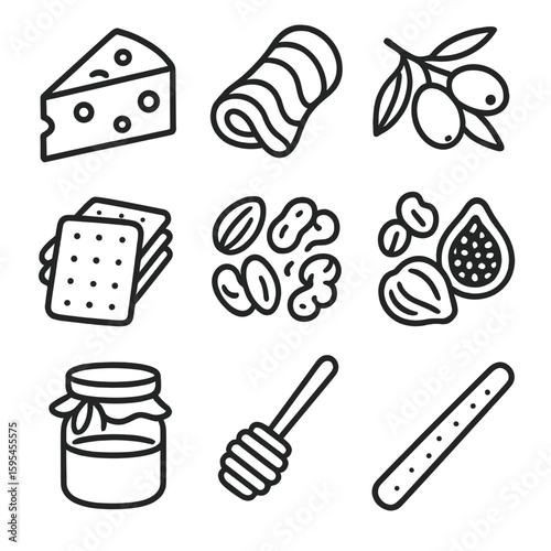 Snack Board Icons. Line style icons of Snack Board Spread: cheese wedge, cured meat slice, olive cluster, cracker stack, nut mix,