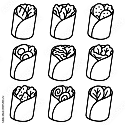 Line Style Wrap Icons. Line style icons of Grab-and-Go Wraps: chicken wrap, veggie wrap, falafel wrap, breakfast wrap, tuna wrap,