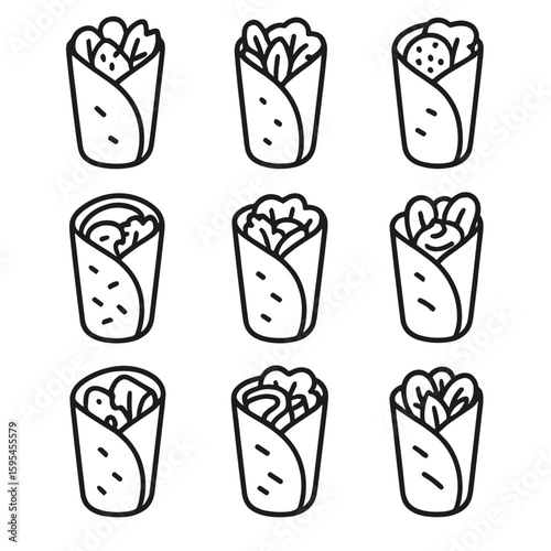 Line Style Wrap Icons. Line style icons of Grab-and-Go Wraps: chicken wrap, veggie wrap, falafel wrap, breakfast wrap, tuna wrap,