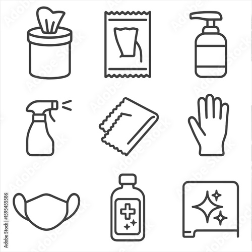 Disinfectant Icons Collection. Line style icons of Disinfectant Solutions: wipe tub, individual wipe, lid dispenser, sanitizer