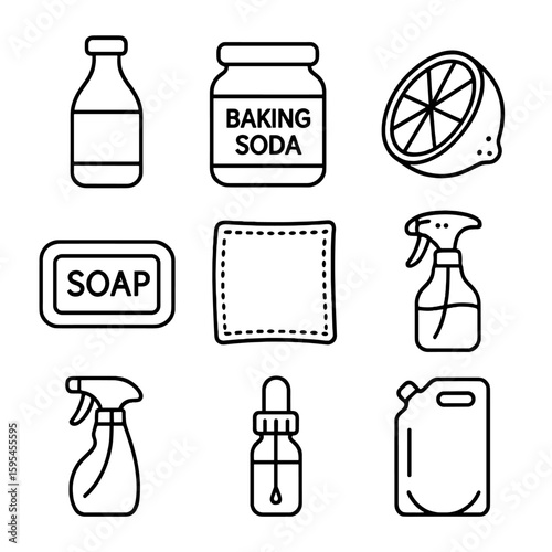 Eco-Friendly Cleaner Icons. Line style icons of Eco-Friendly Cleaners: vinegar bottle, baking soda jar, lemon half, castile soap