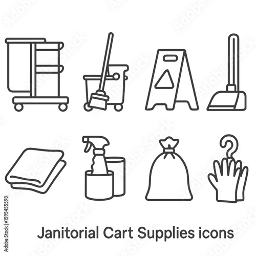 Janitorial Cart Icons. Line style icons of Janitorial Cart Supplies: multi-tier cart, mop bucket, caution sign, broom and dustpan,