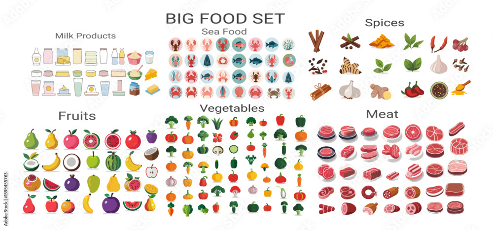 Obraz premium Modern Vector big set of icons for food, flat style. Fruits, vegetables, meat, fish, bread, milk, sweets. Meal icon, easily editable. 