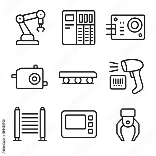 Robotics Line Icons. Line style icons of Automation & Robotics: robotic arm, PLC controller, sensor module, servo motor, conveyor