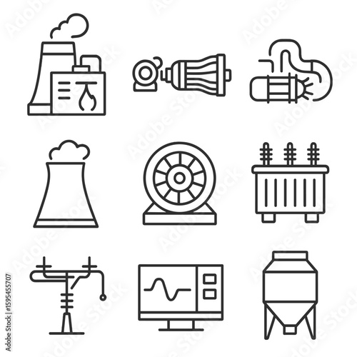Power Plant Icons. Line style icons of Power Generation Plants: coal-fired boiler, gas turbine, steam turbine, cooling tower,