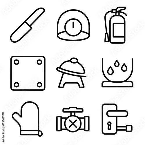 Kitchen Safety Icons. Line style icons of Kitchen Safety Tools: knife guard, stove knob cover, fire extinguisher, cutting board