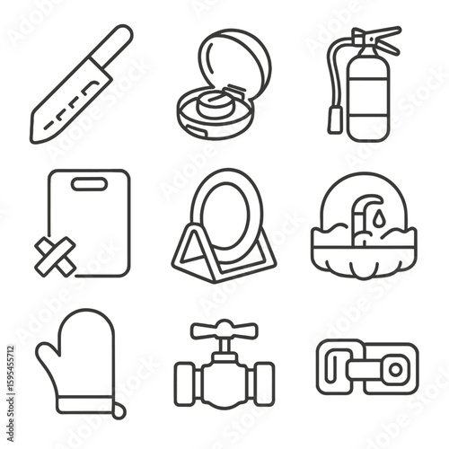 Kitchen Safety Icons. Line style icons of Kitchen Safety Tools: knife guard, stove knob cover, fire extinguisher, cutting board