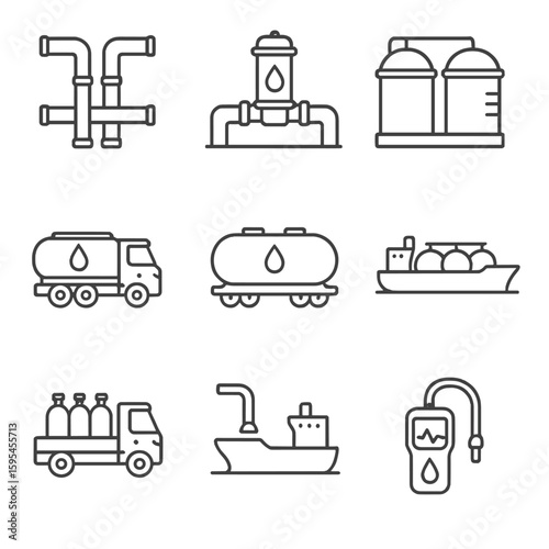 Oil & Gas Icons. Line style icons of Oil & Gas Transportation: pipeline network, pumping station, storage terminal, tank truck,