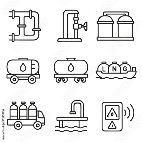 Oil & Gas Icons. Line style icons of Oil & Gas Transportation: pipeline network, pumping station, storage terminal, tank truck,