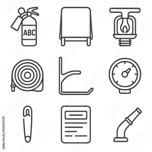 Fire Safety Icons. Line style icons of Fire Extinguishers & Suppression: ABC extinguisher, fire blanket, sprinkler head, fire hose