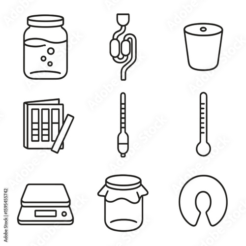 Fermentation Equipment Icons. Line style icons of Fermentation Equipment Pack: glass jar, airlock, rubber stopper, pH strips,