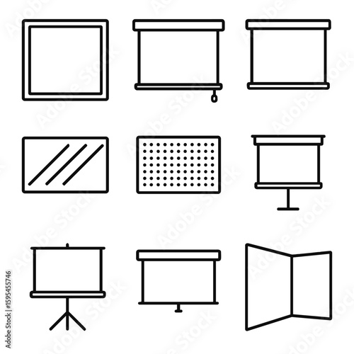 Screen Type Icons. Line style icons of Screen Types: fixed frame screen, motorized screen, retractable screen, ALR screen,