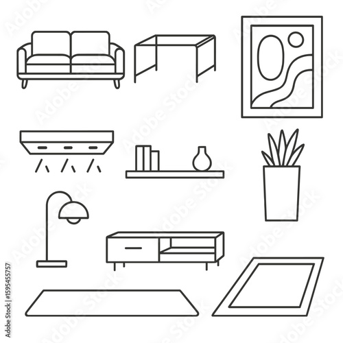 Modern Interior Icons. Line style icons of Modern Interior Design: sleek sofa, glass coffee table, abstract wall art, recessed